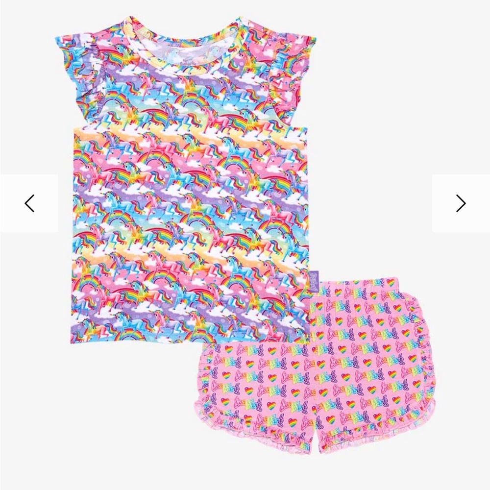 Posh peanut Lisa Frank Markie magic ruffled cap sleeve top & ruffled shorts set